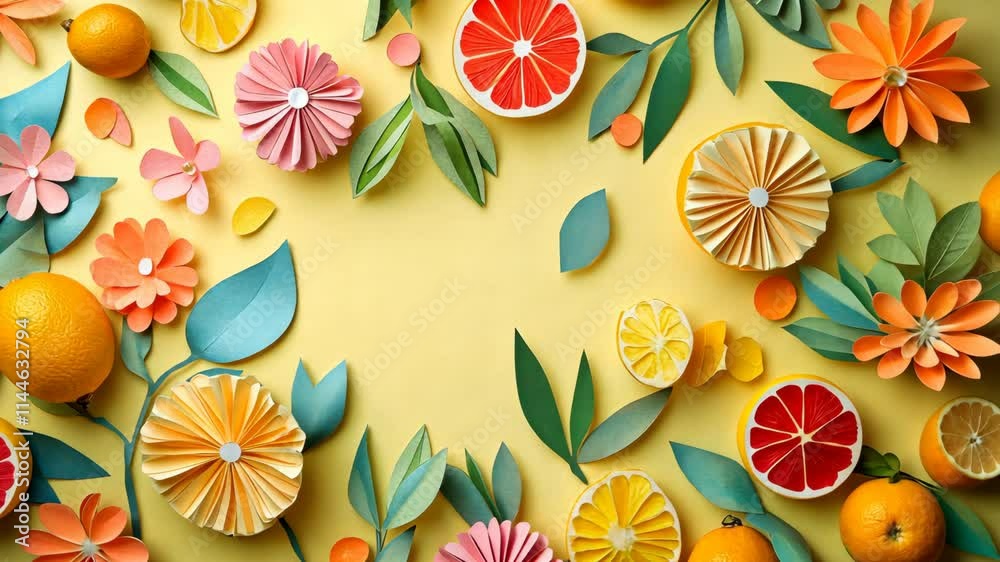 A colorful composition of papel picado, blooming flowers,