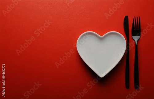 Heart-shaped plate with a red heart centerpiece and black cutlery displayed a...