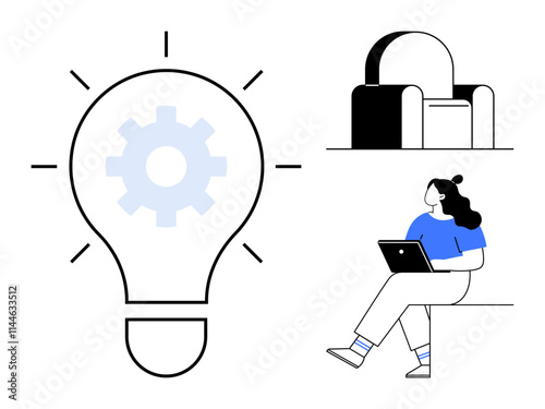 Large light bulb with gear inside symbolizing innovation, woman working on laptop while sitting on bench, armchair. Ideal for creativity, remote work, brainstorming, innovation, design thinking