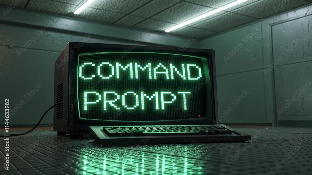 A dimly lit room with a glowing black command prompt screen displaying cascading lines of bright green text interspersed with brief flashing cursors evoking a sense of retro A dimly lit room with a glowing black command prompt screen displaying cascading lines of bright green text interspersed with brief flashing cursors evoking a sense of retro