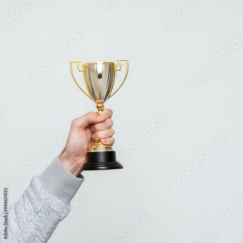 Commitment Achievement Concept, A podium moment where an individual holds a trophy, representing the fulfillment of commitment and the celebration of success photo