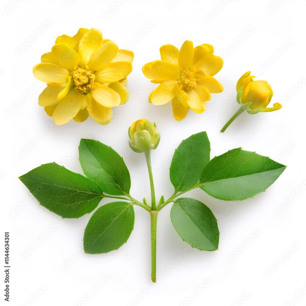 Naklejka premium Lysimachia nummularia branch with green leaves and yellow flowers, lying on a white background