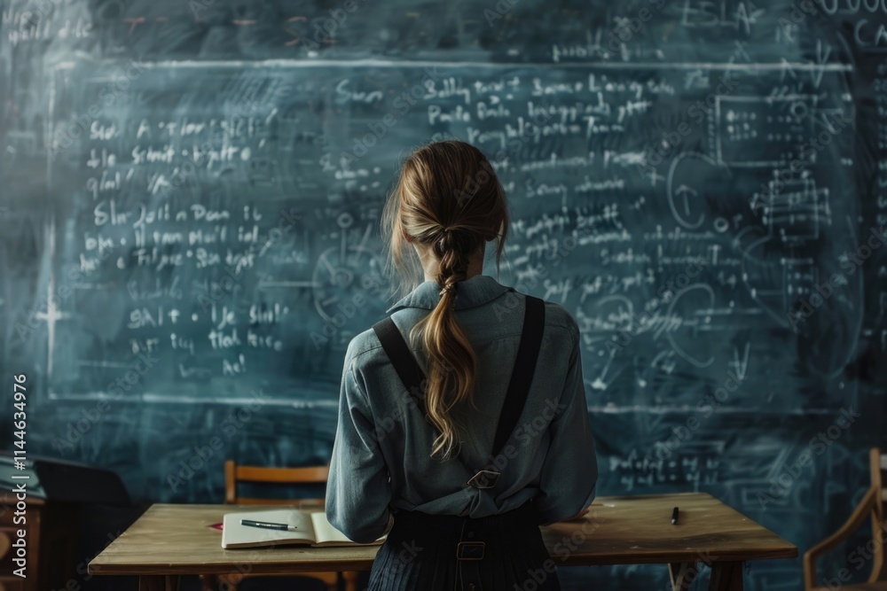 Female teacher standing near blackboard in classroom. Female teacher standing near blackboard in classroom.