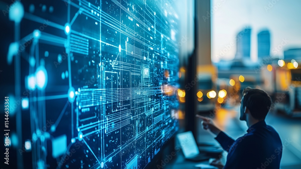 Obraz premium Young professional engaged in high-tech data analysis while interacting with digital interface on a large screen in an urban environment at dusk with office buildings in the background