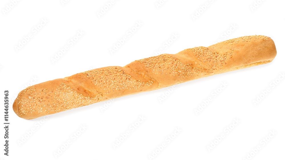 One fresh baguette with sesame isolated on white, top view One fresh baguette with sesame isolated on white, top view