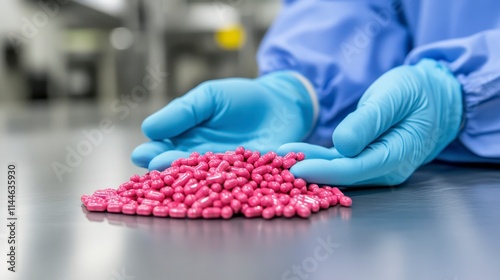 A pair of gloved hands holds a mound of pink pills, set on a clean, sterile surface in a pharmaceutical environment.
