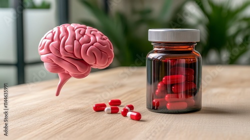 A surreal representation of a brain hovering near a bottle of red pills, symbolizing the connection between mental health and medication.