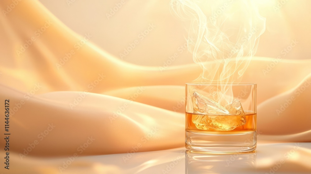 Whiskey cocktail smoke premium spirit. A glass of whiskey sits on soft fabric, steam rising gently, creating a warm and inviting atmosphere. Whiskey cocktail smoke premium spirit. A glass of whiskey sits on soft fabric, steam rising gently, creating a warm and inviting atmosphere.