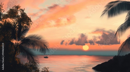 Tropical sunset over calm ocean waters framed by silhouetted palm trees and vibrant coral and pink clouds, evoking a peaceful, exotic paradise at dusk.