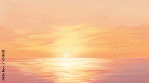 Serene ocean horizon with warm gradients of amber, peach, and soft coral hues blending into a tranquil sunset sky, capturing the soothing stillness of the sea at dusk.