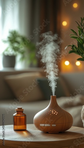 Aromatherapy diffuser releasing mist in a modern living room with natural lig...