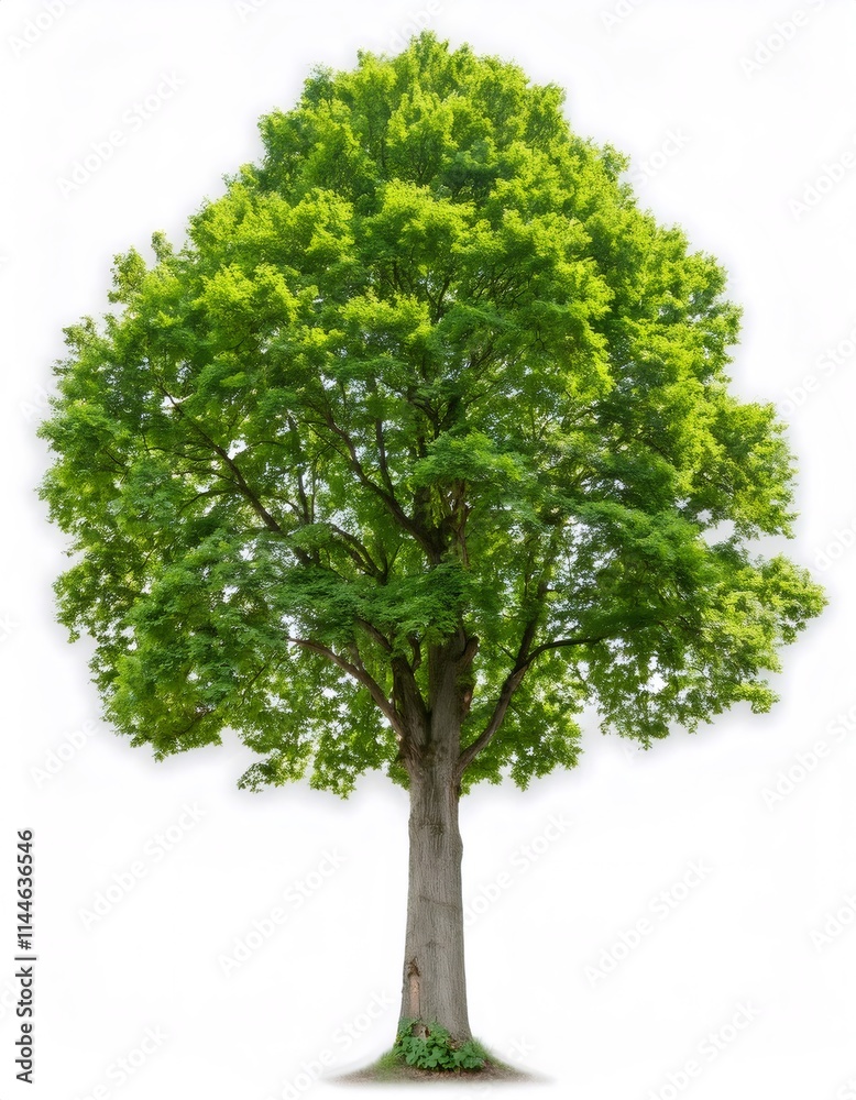 Fototapeta premium Green ash tree standing against white backdrop, displaying lush foliage and natural strength