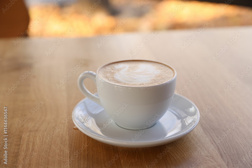 Cup of aromatic coffee on wooden table in cafe, closeup Cup of aromatic coffee on wooden table in cafe, closeup