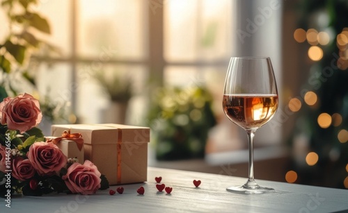 Elegant setup with two wine glasses, a bouquet of red roses, and a gift box o...