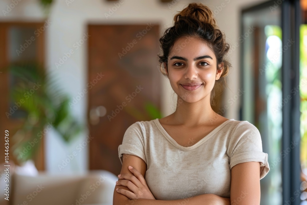 Smart confident Indian woman poses for head shot portrait at home. Smart confident Indian woman poses for head shot portrait at home.