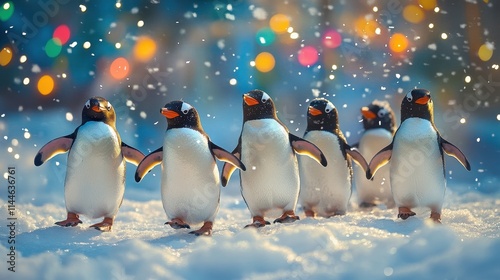 Joyful Penguin Party:Waddling Penguins Celebrate in a Snowy Wonderland with Vibrant Colors and Twinkling Lights