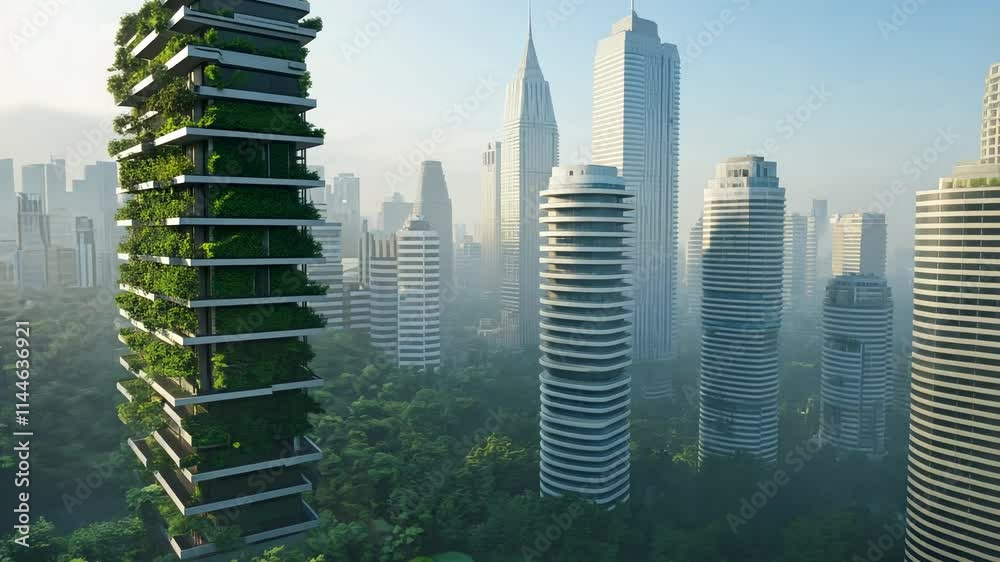 Innovative urban eco architecture showcases greenery and contemporary design. Sustainable development in a prosperous urban environment
