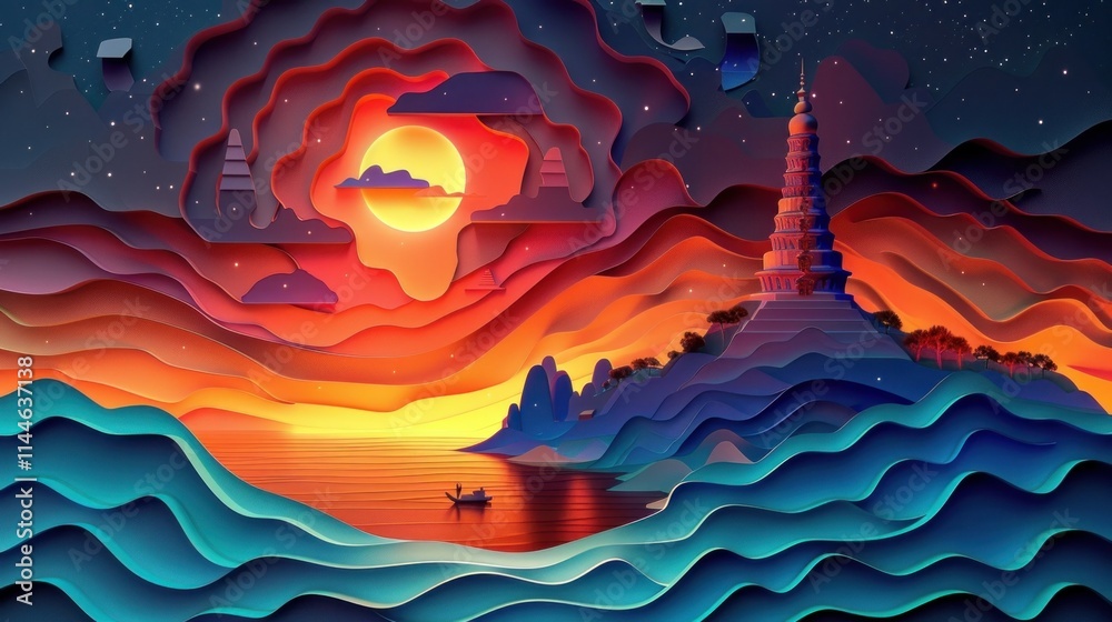 Enchanting surreal landscape with a majestic castle silhouetted against a vibrant dramatic sunset sky  A small boat floats on a serene swirling river amidst ethereal