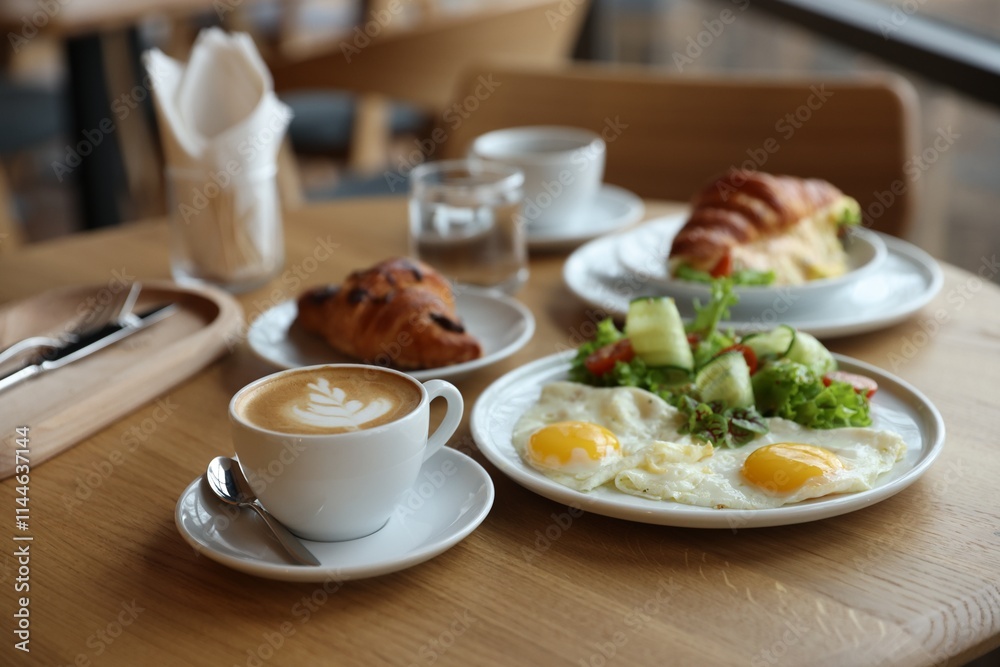 Delicious breakfast served on wooden table in cafe Delicious breakfast served on wooden table in cafe