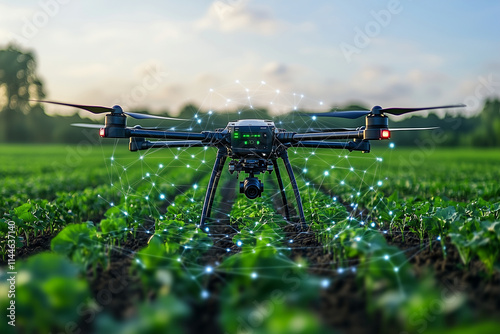 Drone monitoring crop growth in a lush green field during sunset