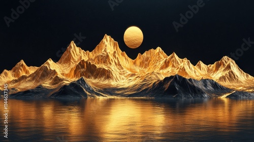 An modern wall frame canvas art wallpaper featuring 3D golden mountains against a dark background, perfect for a home or office. © Fortune228
