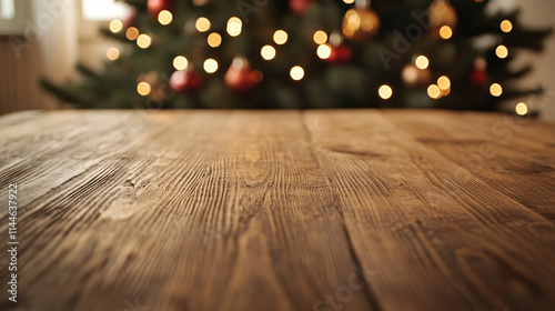 A rustic wooden table with a close-up view of its intricate wood grain, set against a dreamy, defocused Christmas tree background. The tree sparkles with colorful ornaments and twinkling lights,