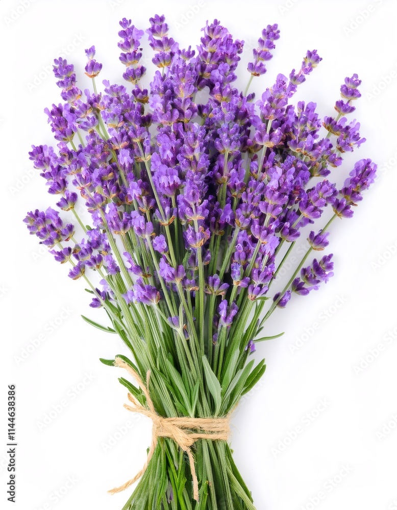Fototapeta premium Fragrant lavender bunch tied with rustic twine, displaying purple blooms against pristine white background, highlighting natural botanical beauty