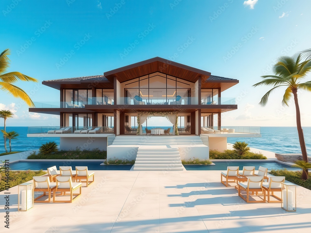 Fototapeta premium Luxurious ocean front property with modern architecture and stunning sea views, design, luxury living