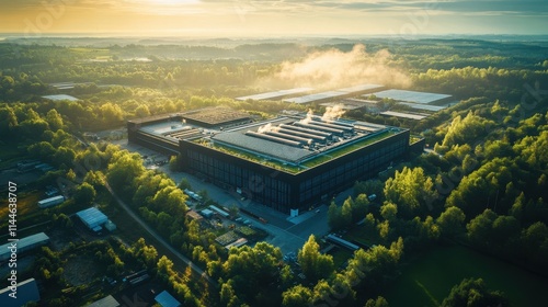 An aerial view of a large data center building surrounded by greenery and infrastructure.