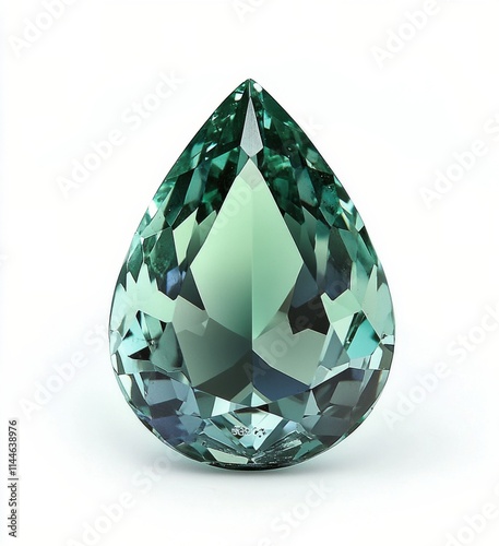 Sparkling teal gemstone in a tear drop shape illuminated by soft light showin...