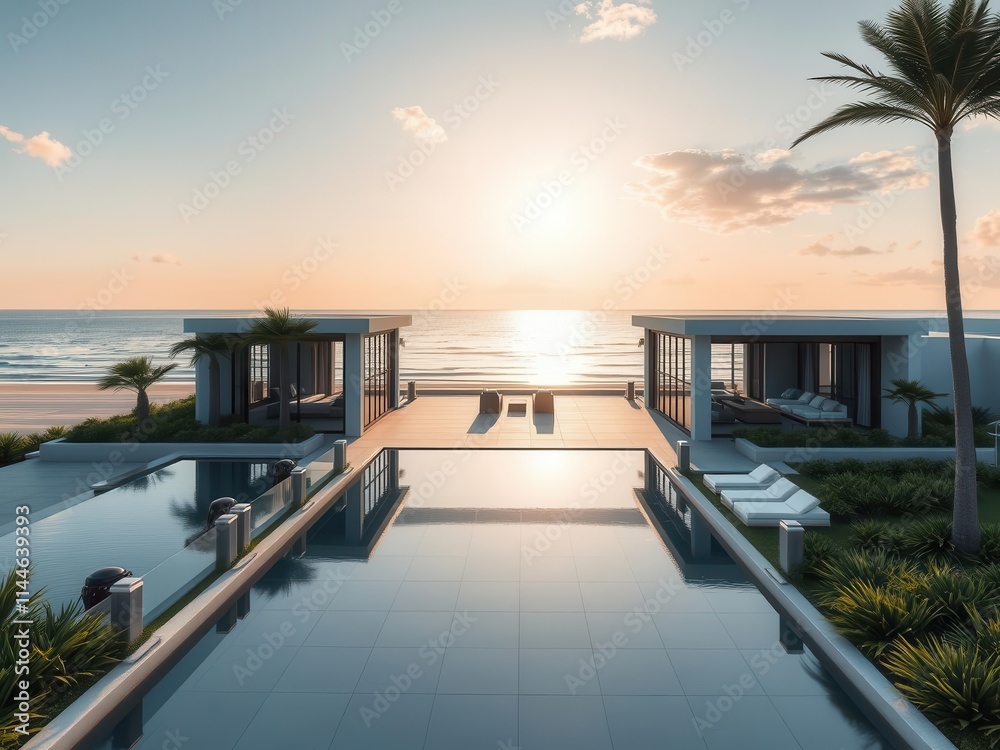 Fototapeta premium Luxurious beachfront property with modern architecture overlooking the ocean, exterior, beachfront