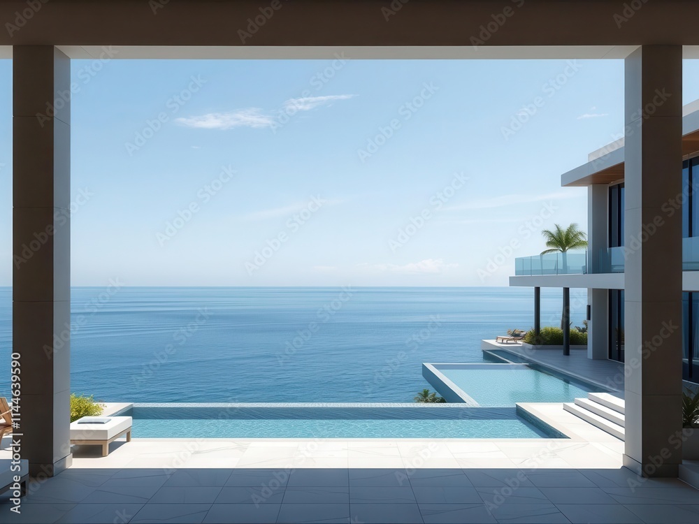 Fototapeta premium Luxurious oceanfront property with stunning seaside views and modern architecture, horizon, sea