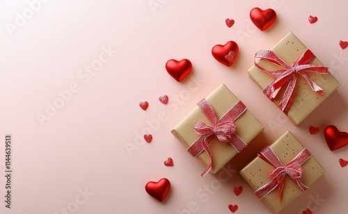 Romantic gift box surrounded by heart-shaped decorations for a special celebr...