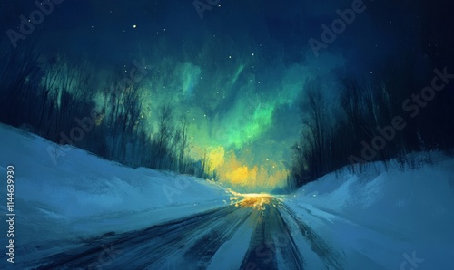 Northern Lights Over Snowy Road