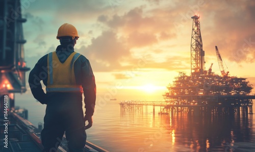 Worker Observing Offshore Oil Rig Operations
