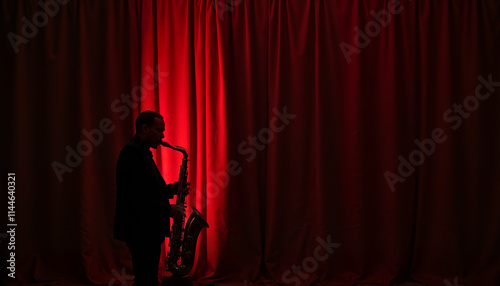 Jazz music roots Saxophonist performing onstage with red curtains backdrop. photo