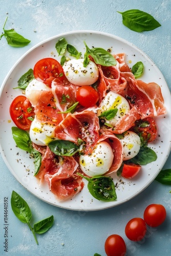 Fresh salad with mozzarella balls, sliced tomatoes, prosciutto, and basil on ...