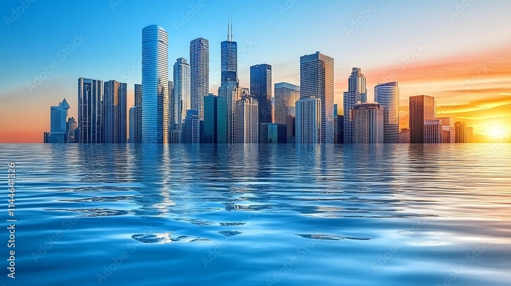 Fototapeta premium Stunning Sunset Cityscape Reflected on Serene Waterfront with Soaring Skyscrapers and Futuristic Urban Skyline