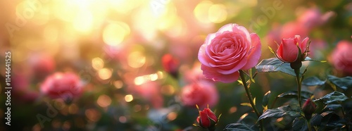 Beautiful pink roses bloom in a vibrant garden during golden hour, showcasing...