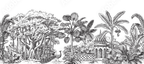 Indian toile jungle seamless border. Tropical palm tree, plants, architecture,  peacock mural.	