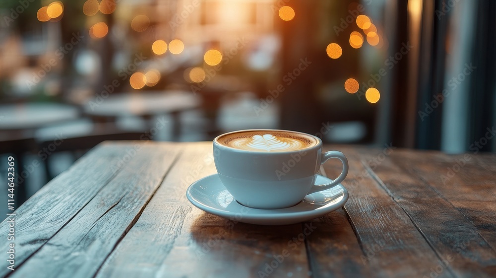 cup of coffee on a table and chrismas bokeh background cup of coffee on a table and chrismas bokeh background