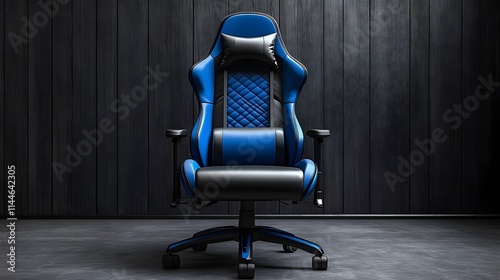 A blue chair with black accents sits in front of a wall
