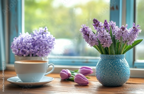 Vibrant spring flowers and a cup of tea on a sunny windowsill create a serene...