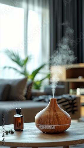 Aromatherapy diffuser releasing mist in a modern living room with natural lig...