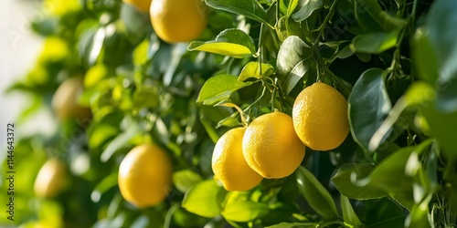 Vibrant lemons hang on a lush green lemon tree, symbolizing freshness and abundance. Perfect for showcasing natural harvest and healthy living themes. photo