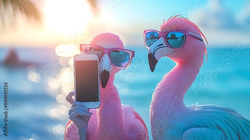 Wallpaper Mural Two flamingos wearing sunglasses holding a phone for selfies on a bright tropical shoreline Torontodigital.ca