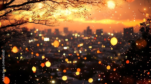 New Year's Day Festival of lights at night, city skyline, fantasy, magical sparkling lighting, firecrackers in the sky, ultra-wide angle, depth of field, hyper detailed, ultra-realistic, sharp