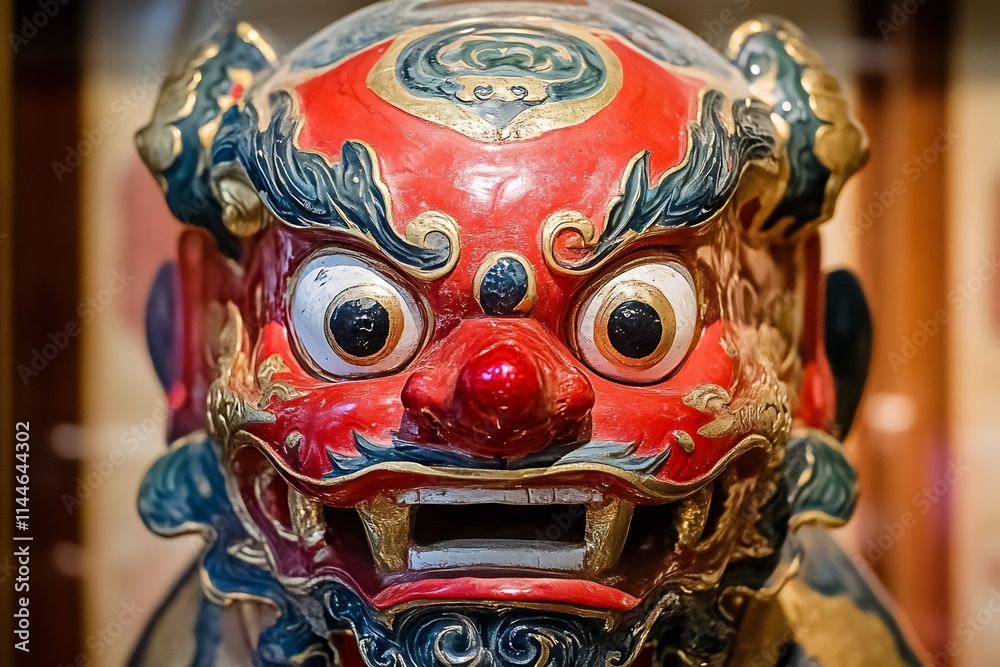 Fototapeta premium Vivid and Ornate Tribal Mask Sculpture with Intricate Patterns and Vibrant Colors