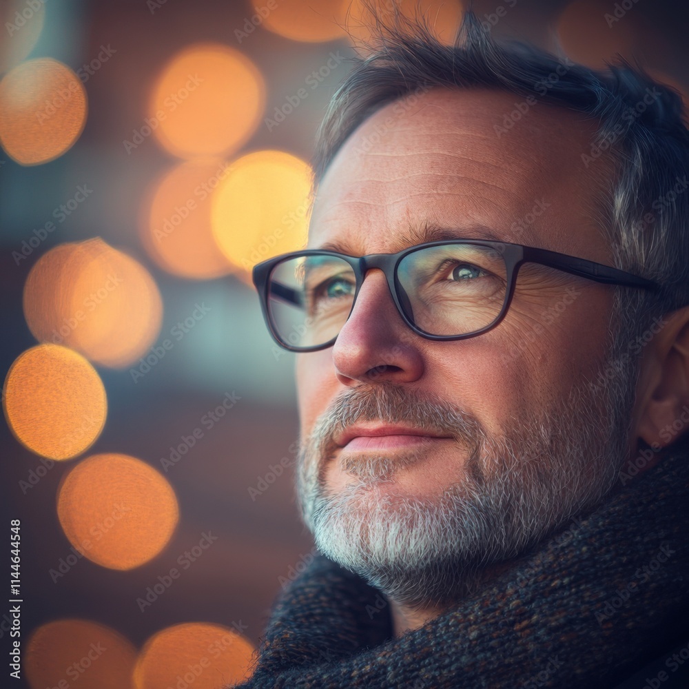 Man with glasses and beard gazes thoughtfully against a backdrop of warm glowing lights in the evening Man with glasses and beard gazes thoughtfully against a backdrop of warm glowing lights in the evening