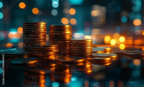 Stack of shiny coins reflecting city lights during nighttime, showcasing weal...